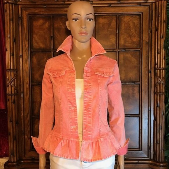 DG2 Snow Wash Ruffle Hem Stretch Denim Jacket - Picture 2 of 14